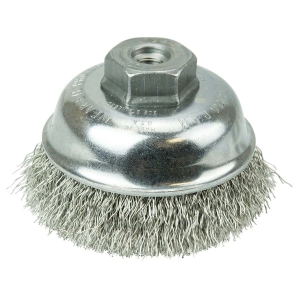 Weiler 3-1/2" Crimped Wire Cup Brush .014" Stainless Steel Fill M10x1.25 Nut 13182